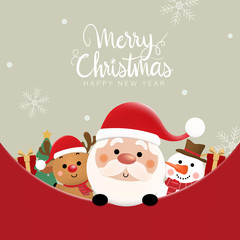 Merry Christmas and happy new year 2021 greeting card with cute Santa Claus, deer and snowman. Holiday cartoon character in winter season. -Vector.