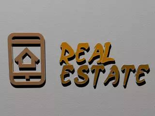 Deurstickers REAL ESTATE icon and text on the wall, 3D illustration for house and background © Ali