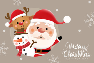 Merry Christmas and happy new year 2021 greeting card with cute Santa Claus, deer and snowman. Holiday cartoon character in winter season. -Vector.