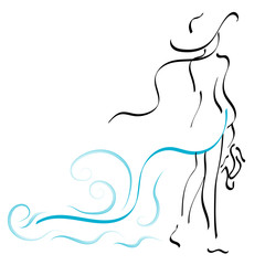 Girl at sea. romantic woman in a hat and barefoot. I'm holding shoes. Sea Blue Waves Vector Line Art Illustration. 