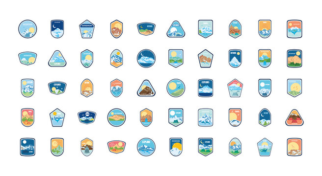 mountains insignia badges icon set, flat style