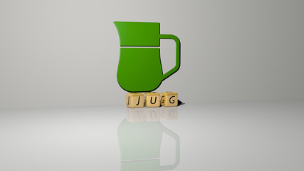 JUG text of cubic dice letters on the floor and 3D icon on the wall, 3D illustration for background and white