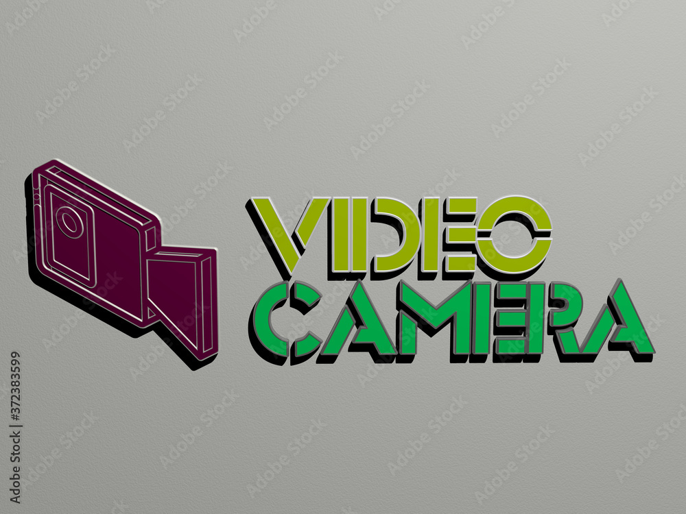 Fototapete 3d illustration of video camera graphics and text made by metallic dice letters for the related mean