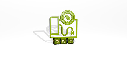MAP 3D icon object on text of cubic letters, 3D illustration for background and abstract