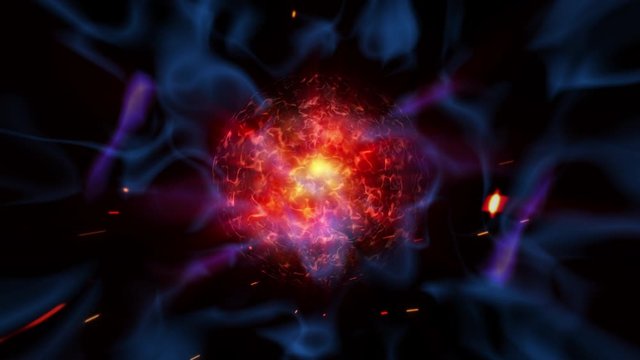 Abstract power fusion sphere with dark blue energy in the Universe. 4K 3D seamless looping abstract background for technology, science, engineering, artificial intelligence motion, cosmos, VJ loop.