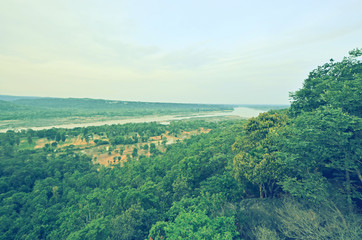 Naklejka premium Beautiful green forest and long river from bird eye view of the cliff
