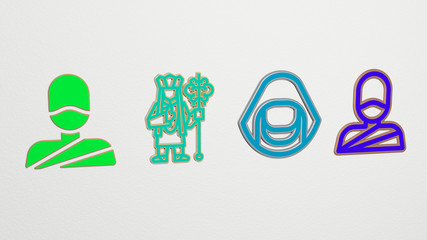 MONK 4 icons set, 3D illustration for buddhist and buddhism
