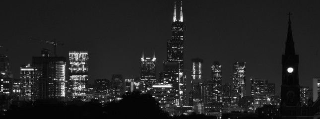 A Black and White Chicago Skyline, Taken at Night