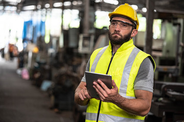 Portrait of technician man or industrial Engineer worker and hardhat or helmet, eye protection...