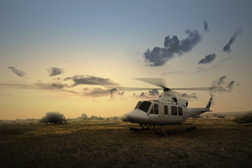 Fototapeta na wymiar The helicopter landing on the meadow field