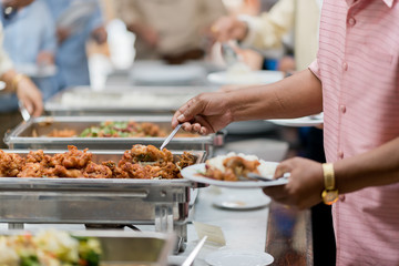 buffet food, catering food party at restaurant, mini canapes, snacks and appetizers
