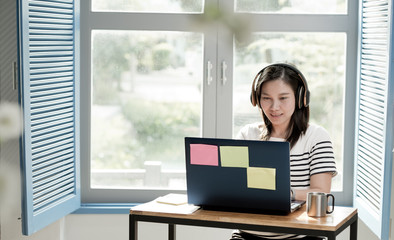 girl use laptop for work,home office, stay at home
