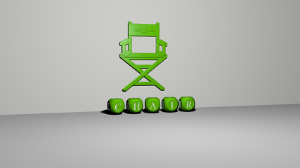 CHAIR 3D icon on the wall and text of cubic alphabets on the floor, 3D illustration for background and design