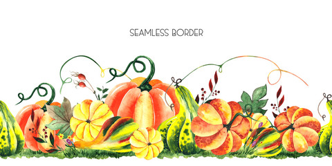 Watercolor hand painted autumn harvest seamless border with bright pumpkins