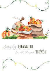 Watercolor hand painted pre-made autumn harvest card with bright pumpkins, tractors, trailer, wheelbarrow, baskets, peaches, haystack, bags, watering can, autumn leaves.