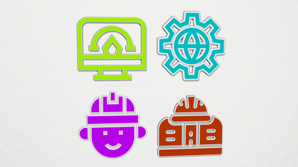 engineering colorful set of icons, 3D illustration for construction and background