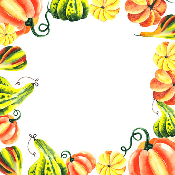 Watercolor hand painted autumn harvest frame with bright pumpkins