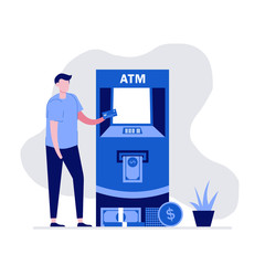 Man withdrawing money from ATM. Modern vector illustration in flat style for landing page, mobile app, poster, flyer, web banner, infographics, hero images