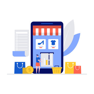 Online shopping app concept with characters using smartphone, credit card. Modern vector illustration in flat style for landing page, mobile app, template, web banner, infographics, hero images