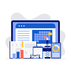 Personal organizer and time management vector illustration concept. Woman planning and putting check mark on computer screen. Modern vector illustration in flat style for landing page, hero images