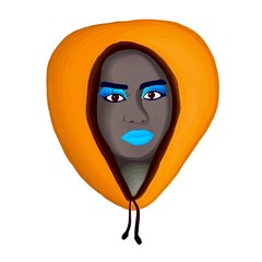 black woman in a yellow hood, makeup with blue eyeshadow and lipstick, modern image isolated on white background, vector illustration