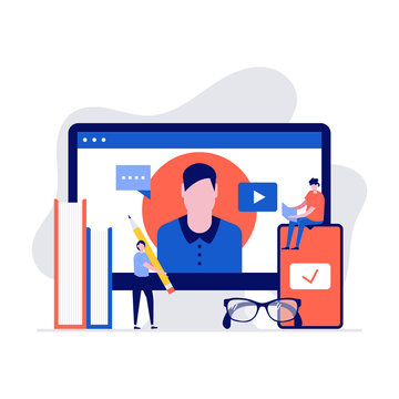 Online education vector illustration concept with character having video call with teacher and studying with smartphone. Modern vector illustration in flat style for landing page, hero images