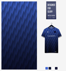 Blue gradient geometry shape abstract background. Fabric textile pattern design for soccer jersey, football kit, racing, e-sport, sport uniform. T-shirt mockup template design. Vector Illustration. © tondruangwit
