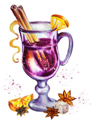 glass of mulled wine. watercolor illustration. hot drink with cinnamon orange badyan. 