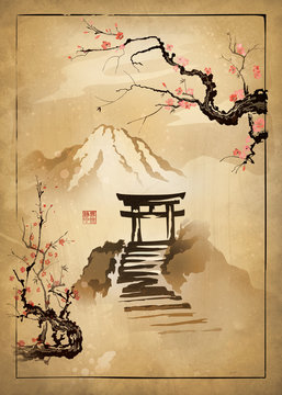 Torii gate and Sakura branches in the mountains. Drawing on old paper. Illustration in oriental style. Hieroglyphs in seal - Quiet World.
