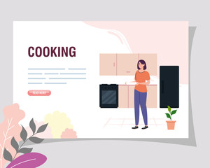 banner with woman cooking in the kitchen scene vector illustration design