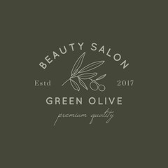 Olive leaf and Fruit logo design template in simple minimal linear style. Vector Botanical emblem with Brunch for Beauty Studio, SPA salon, Organic cosmetics