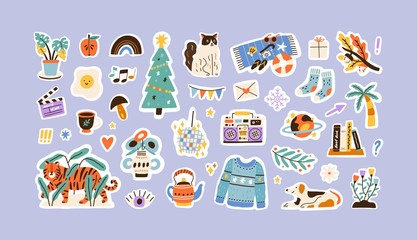 Set of colorful hand drawn stickers vector flat illustration. Collection of different decoration for weekly or daily planner and diaries isolated. Funny signs, symbols, objects and image templates