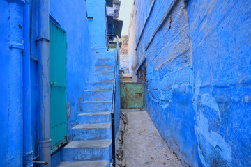 Old blue coloured narrow street in the town of Jodhpur, Rajasthan