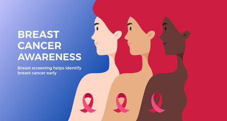 Hope Breast Cancer Awareness background with text. Women of different nationalities and skin color together for breast cancer prevention. Pink, blue background. Vector graphic, banner