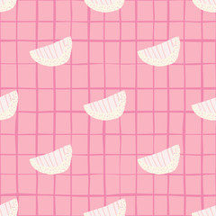 Tender white slices doodle seamless pattern. Soft pink background with check. Sweet print.