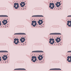 Soft seamless teapots ornament seamless pattern. Pink tone palette artwork. Teapot elements with flower print.