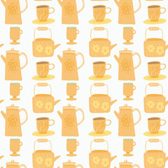 Isolated seamless summer teapot pattern. Kettle elements in bright orange color on white background.