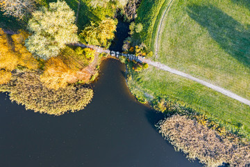 autumn landscape of lake shore with colorful trees and footpath in sunlight. aerial top view 