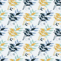 Isolated botanic seamless pattern with navy blue and orange bouquet. Forest foliage silhouettes on white background.