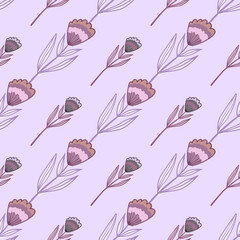 Seamless doodle pattern with contoured flower figures. Folk botanic ornament in pink and purple soft colors on light pastel background.