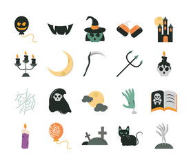 happy halloween, trick or treat party celebration balloon skull hat castle candle cat zombie hand death flat icons set