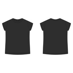T-shirt blank template in black color. Children's technical sketch tee shirt isolated on white background. Casual kids style. Front and back.