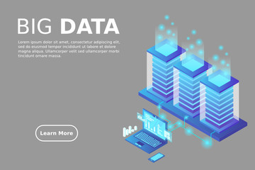 Naklejka premium Transfer of user data to the server. Data flow. Data storage. Server. Digital space. Data center. Big Data. Conceptual illustration. Isometric vector illustration. 3D