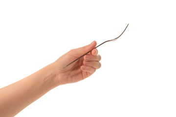 Fork in woman hand isolated on white.