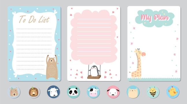 Set of planners and to do list with cute animal illustrations. Template for agenda, planners, check lists, notebooks, cards, stickers, and other stationery. Vector background