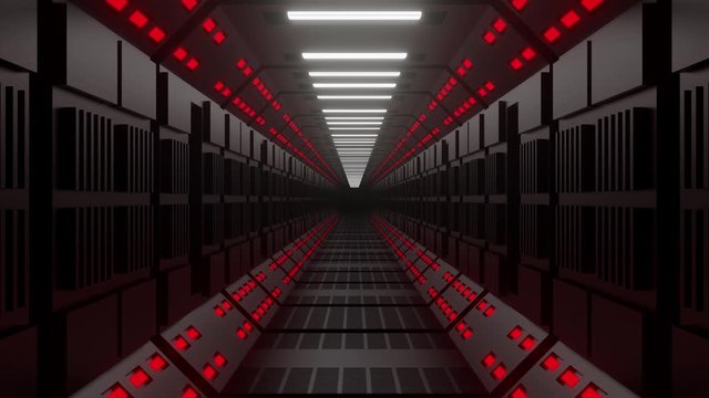 Flying into a squarish straight spaceship tunnel. Motion graphics background. Futuristic technology sci fi abstract background. 3D rendered animation for VJ and tech titles. 