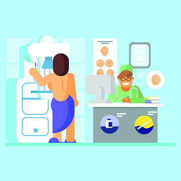 Mammography breast diagnosis and screening ,Female health care concept,
Doctor assisting patient undergoing mammogram x-ray test. prevention of breast cancer  flat vector style,vector illustration