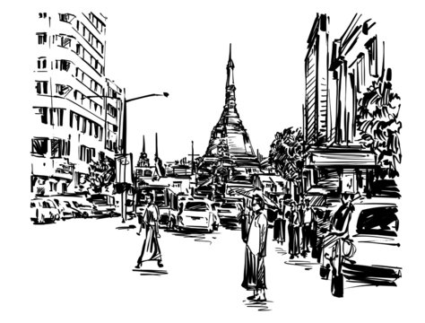 Drawing Of The People Are Walking On Street Around Pagoda In Yangon Hand Draw 