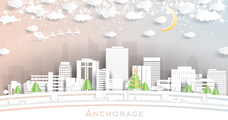 Anchorage Alaska USA City Skyline in Paper Cut Style with Snowflakes, Moon and Neon Garland.