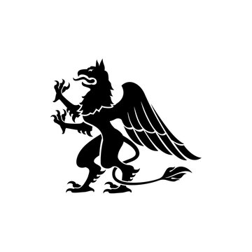 Dragon or gryphon isolated heraldic animal. Vector outline heraldry, mythical creature with eagle legs